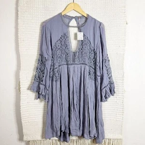 FREE PEOPLE graues Wildest Dreams Spitzen Tunika Minikleid L NEU - Bild 1 von 8