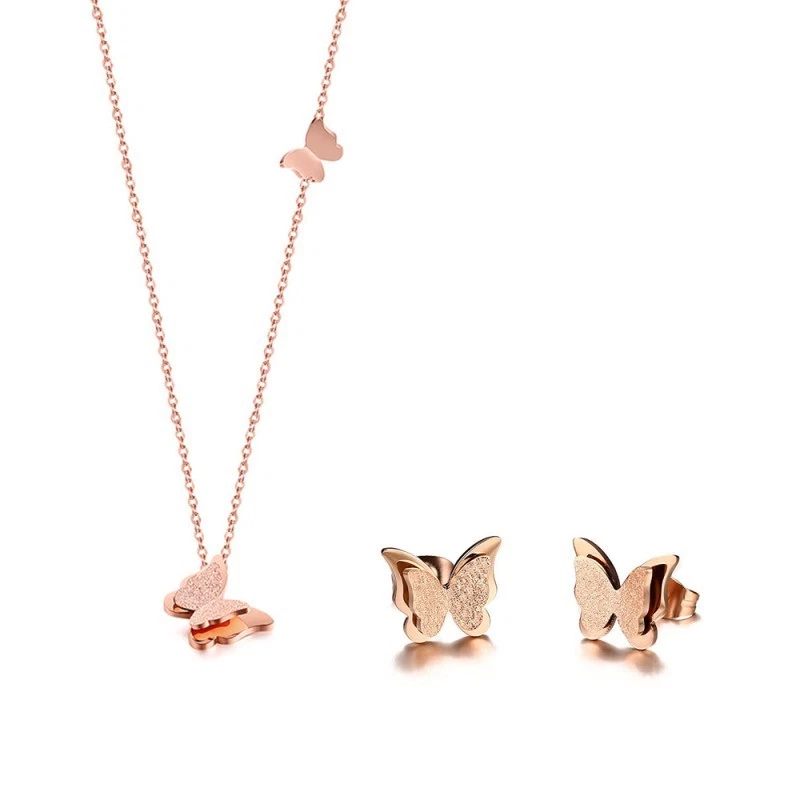 18K Rose Gold Butterfly Pendant+Earrings Women Collar Chain Necklace Jewelry Set - Image 1 of 4