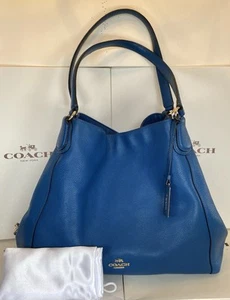 Coach 33547 Edie Peacock Blue Polished Pebbled Leather Large Shoulder Bag - Picture 1 of 13