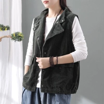 Ladies Corduroy Vest Jacket Coat Top Plus Size Waistcoat Gilet Stand Collar Coat - Image 1 of 4