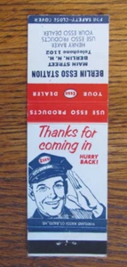 CUBIERTA DE CERILLAS DE GASOLINERA ESSO: BERLÍN, NUEVO HAMPSHIRE AÑOS 50 CUBIERTA DE CERILLAS -B8 - Imagen 1 de 1