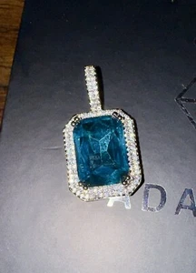 Adamans BLUE SAPPHIRE GEM PENDANT WHITE GOLD 18K PLATED MOISSANITE FREE SHIP - Picture 1 of 10