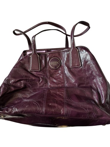 Borsa da trasporto Coach Plum F15658 firmata cucita in pelle verniciata