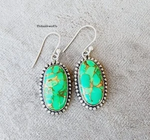 925 Silver Ring Green Copper Turquoise Earring Gemstone Earring Handmade Item - Picture 1 of 11