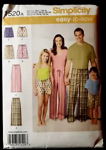 Simplicity Pattern 1520 Unisex Adult Teen Child Pajama Pants Shorts XS-XL UNCUT - Picture 1 of 5