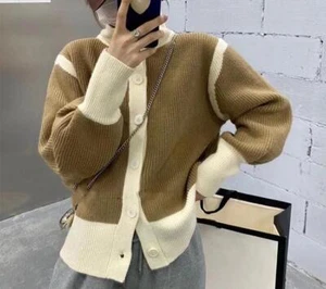 Womens Fashion Winter Lapel Long Sleeve Loose Color Matching Kniting Sweaters - Picture 1 of 16