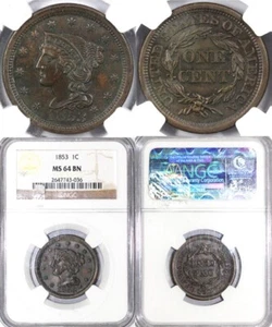 1853 1c Braided Hair Large Cent NGC MS 64 BN - Picture 1 of 5