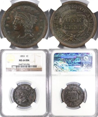1853 1c Braided Hair Large Cent NGC MS 64 BN - Image 1 of 4