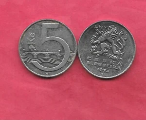 CZECH REPUBLIC KM8 1993 XF-SUPER FINE CIRCULATED  EXCELLENT 5 KORUN LARGE COIN - Picture 1 of 1