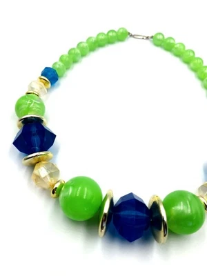 Collar Vintage Azul Brillante y Verde Grueso Cuentas Mod Groovy Distintivo Foto 1 de 4