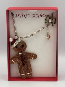 New BETSEY Johnson Gingerbread Man Glitter Holiday Pendant Rhinestone Necklace - Picture 1 of 11