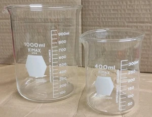 Lot of 2 Kimax Kimble Glass Beaker Set - 1000 & 400mL - Picture 1 of 4