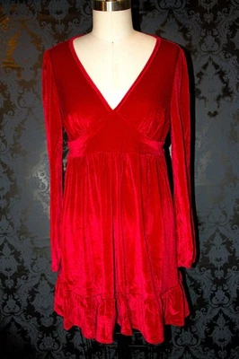Ruby Red Velvet Dress M Empire Waist Long Sleeve Fit-N-Flare V-neck Ruffled - Image 1 of 4