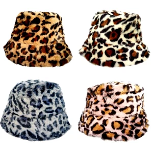 Women Fluffy Leopard Soft Plush Ladies Warm Faux Fur Bucket Hat - Picture 1 of 5