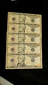 5 CONSECUTIVE 2004 A BOSTON Ten Dollar Federal Reserve COLORIZED NOTES $10 BILLS - Picture 1 of 4