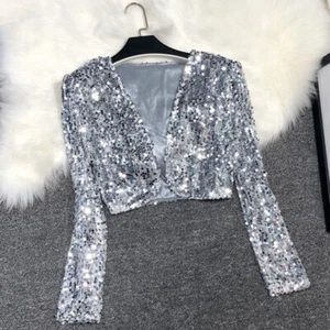 Cardigan donna paillettes ritagliate giacca camicia manica lunga top party danza chic - Foto 1 di 14
