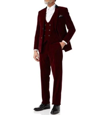 Men's Red Velvet Suit Single Breasted Notch Lapel Blazer Classic Menswear Formal - Image 1 of 4