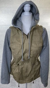 Rue 21 Youth Size XL Cargo Jacket Khaki w/ Gray Knit Hood & Sleeves Draw Strings - Picture 1 of 9