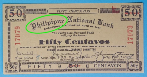 1941 Philippines ~ Negros Occidental 50 Centavos SPELLING ERROR~ UNC ~ NOC-203a Cover