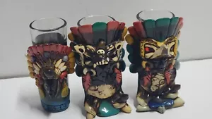 Juego de 3 vasos de chupito pintados a mano guerrero azteca piedra ágata chichenitza 4" - Imagen 1 de 8