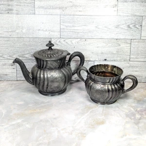 ANTIQUE E.G.WEBSTER & SONS QUADRUPLE SILVERPLATE TEA PITCHER & SUGAR POT - Picture 1 of 20