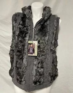 GREEN TEA Hooded Sweater Faux Fur Vest Grey Cable Knit Pockets Zipper XXL NWT - Picture 1 of 9
