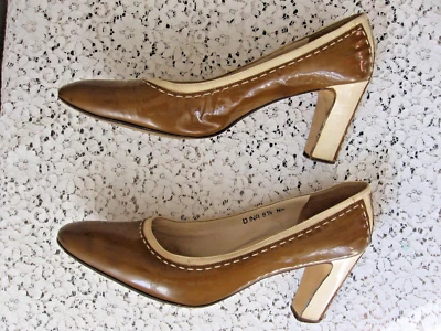 ZAPATOS DE CUERO VINTAGE 1940 EXCLUSIVAMENTE GAROLINI MARRÓN/CREMA CHAROL -DINA - 8 1/2N Foto 1 de 4
