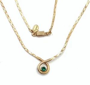 RETRO "ESSENCE" GOLD PLATED GREEN RHINESTONE LOVE KNOT CHAIN 16" NECKLACE R565 - Picture 1 of 4