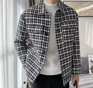 Men's Fashion Winter Lapel Long Sleeve Loose Houndstooth Short Jackets Wool Coat - Picture 1 of 15