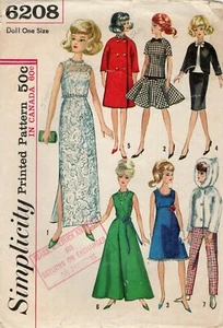 Vestido, traje y abrigo Simplicity 6208 para muñeca Barbie de 11,5" INCOMPLETO VER DESC - Imagen 1 de 5