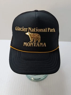 Vintage Glacier National Park Montana Hat Trucker Cap Black & Gold Bear RARE - Image 1 of 4