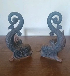 Pair of Antique Bradley and Hubbard Figural Cast Iron Dolphin Andirons - Picture 1 of 5