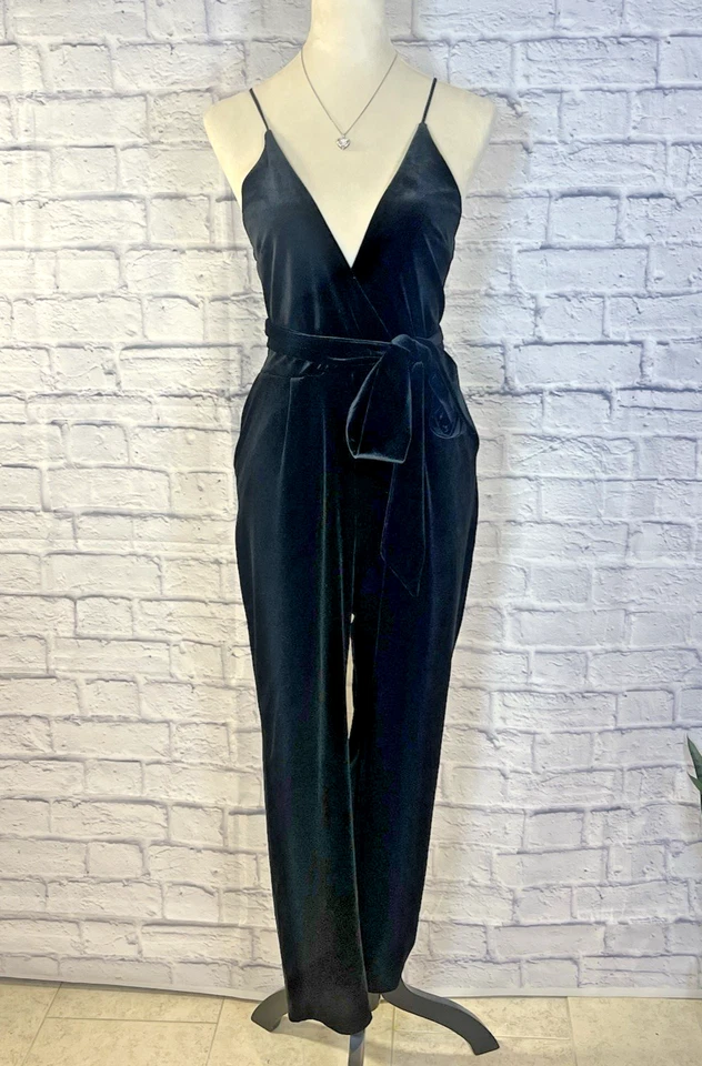 Mono Express Para Mujer Talla 4 Negro Terciopelo Cuello en V Bolsillos Cruzados Fiesta Foto 1 de 4