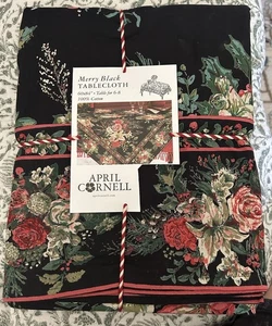 April Cornell Merry Schwarz Urlaub Blumen Tischdecke 60x84 100% Baumwolle Neu mit Etikett - Bild 1 von 5