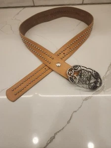 Vtg. LeatherRock Women's Tan Leather Studded Silver Rhinestone Big Buckle Sz 32 - Picture 1 of 9