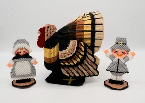 Vtg 3D Turkey & 2 Pilgrims Thanksgiving Centerpieces Plastic Canvas Needlepoint - Picture 1 of 16