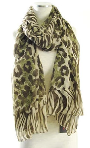 ECHO DESIGN Bufanda Envolvente Estampado Leopardo Cebra Gasa Verde/Marrón NUEVO - Imagen 1 de 2