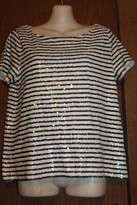 J.Crew Woman 100% Cotton Beige/Black Sequin Whole Body Striped SS Pullover Top M - Image 1 of 4