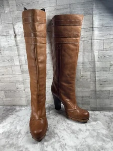 Frye Knee High Boots Women 8.5M Frankie Buckle Tall Shoes Brown Leather Platform - Picture 1 of 20
