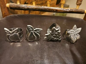 Set 4 Vintage Fruit Shaped Napkin Rings Pewter? Apples, Cherries, Grapes, Pears - Picture 1 of 6