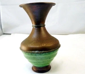 Solid Brass Vase engraved Green Floral design 6" tall east Asian handmade - Picture 1 of 12