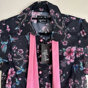 Hell Bunny Madison Shirt Womens S Hummingbird Floral Button-Up Blouse Pink Bow - Picture 1 of 8