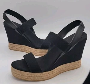 TORY BURCH Wedge Sandal Espadrille Slingback 2 Band Canvas & Leather Black US 10 - Picture 1 of 13