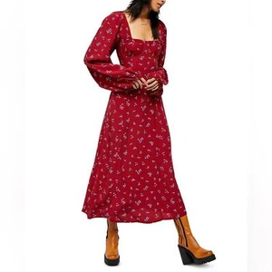 Vestido midi Free People rojo floral manga larga calado talla XS - Imagen 1 de 6