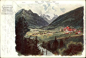 Fulpmes Medraz Hotel Stubai Litho-AK 1906 mit Hotel Stempel nach Oehringen gel. - Picture 1 of 2