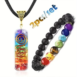 2pcs/set Seven Chakra Colored Stone Pendants Necklace + Lava Stone Bracelet Set - Picture 1 of 5