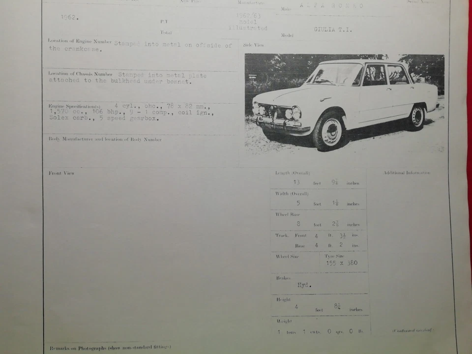ALFA ROMEO GIULIA T.I. Folleto de hoja de identificación de policía 1962 1963 Foto 1 de 1