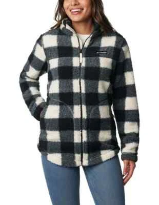 Chaqueta polar Columbia para mujer blanca negra a cuadros West Bend cremallera completa talla 1X Foto 1 de 4