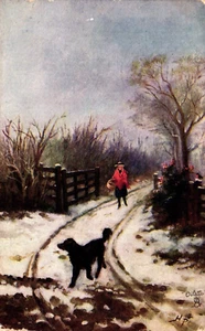 Postcard Woman and dog snowy countryside, painting Tuck Art - Picture 1 of 2