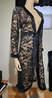 Vintage Night Line Black Lace Robe Duster With Faux Fur Trim Cuffs Collar Small